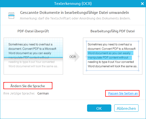 ocr Sprache